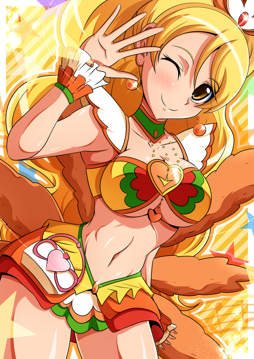 adapted_costume aokura_shou bikini bikini_top_only blonde_hair brooch choker commentary_request cure_honey cure_honey_(coconut_samba) earrings female green_choker happinesscharge_precure! heart heart_brooch highres jewelry long_hair magical_girl miniskirt multicolored_bikini multicolored_clothes one_eye_closed oomori_yuuko precure samba skirt smile solo star_(symbol) swimsuit wrist_cuffs yellow_eyes