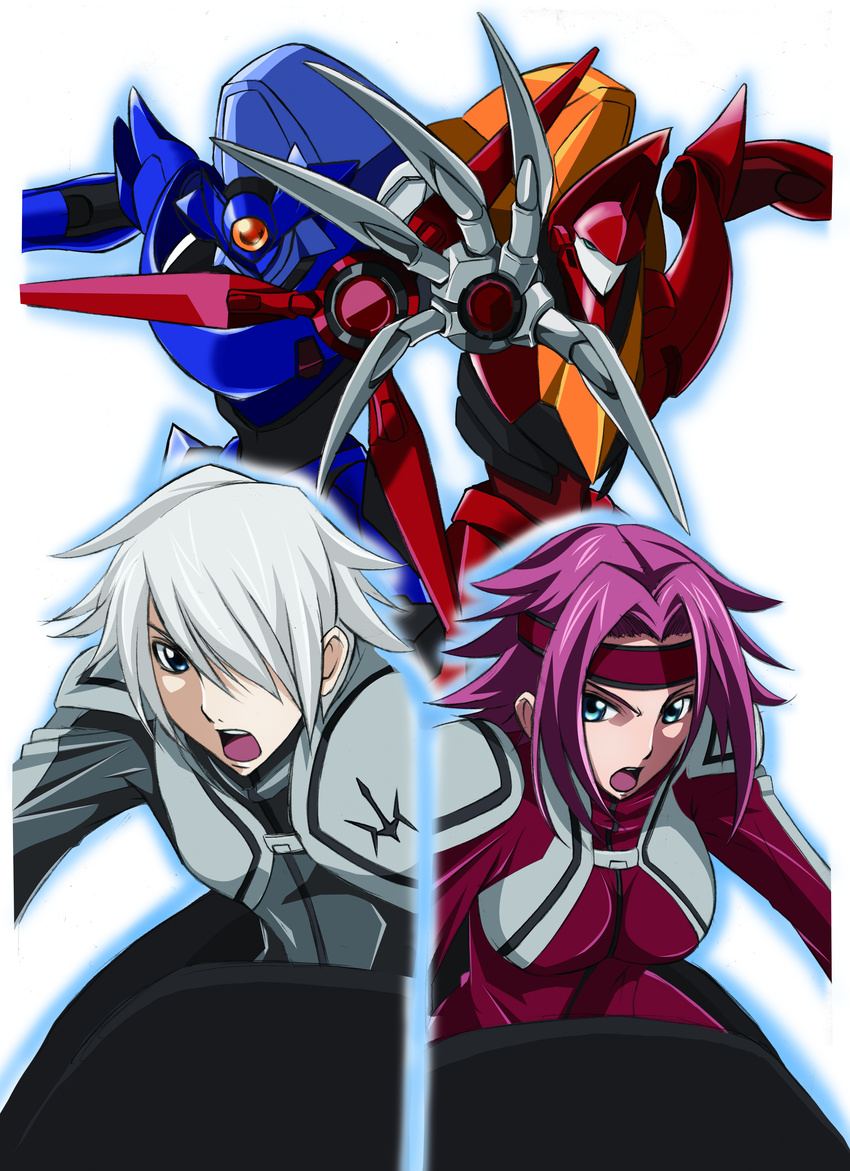 1boy absurdres blue_eyes bodysuit code_geass code_geass:_lost_colors female female grey_hair hair_over_one_eye headband highres kallen_stadtfeld long_hair male mecha open_mouth rai red_hair short_hair smile_face