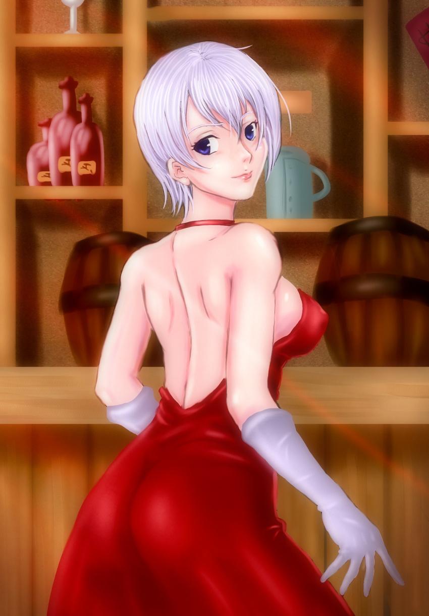 akira_(yuibnm71) barrel blue_eyes breasts fairy_tail female gloves highres large_breasts lisanna lisanna_strauss solo white_hair