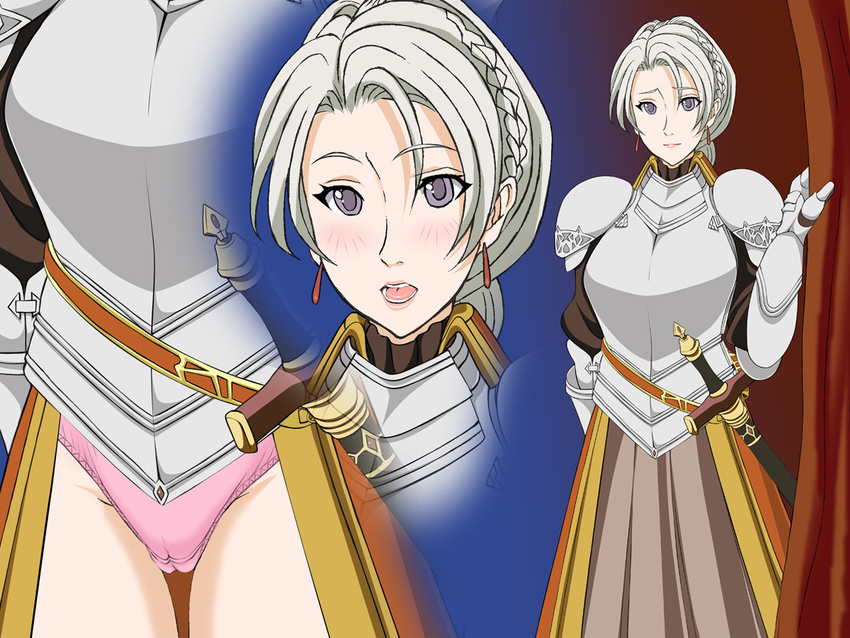 armor blue_eyes blush chris_lightfellow der earrings female gauntlets gensou_suikoden gensou_suikoden_iii jewelry long_hair panties pink_panties shoulder_pads silver_hair skirt solo suikoden suikoden_iii sword underwear weapon