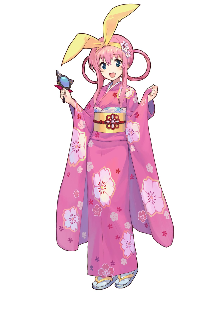 aqua_eyes female floral_print full_body furisode hair_rings hairband highres holding japanese_clothes kimono long_hair long_sleeves nonoya_nayori obi official_art open_mouth pink_hair pink_kimono sash sherlock_shellingford sidelocks simple_background solo tantei_opera_milky_holmes toys_drive white_background wide_sleeves