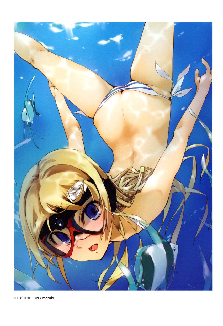 absurdres annotated artist_name bikini blonde_hair blue_eyes butt_crack digicame_shoujo_hyakkei diving_mask female fish freediving goggles highres maruku non-web_source ocean open_mouth original scan solo striped swimming swimsuit underwater water