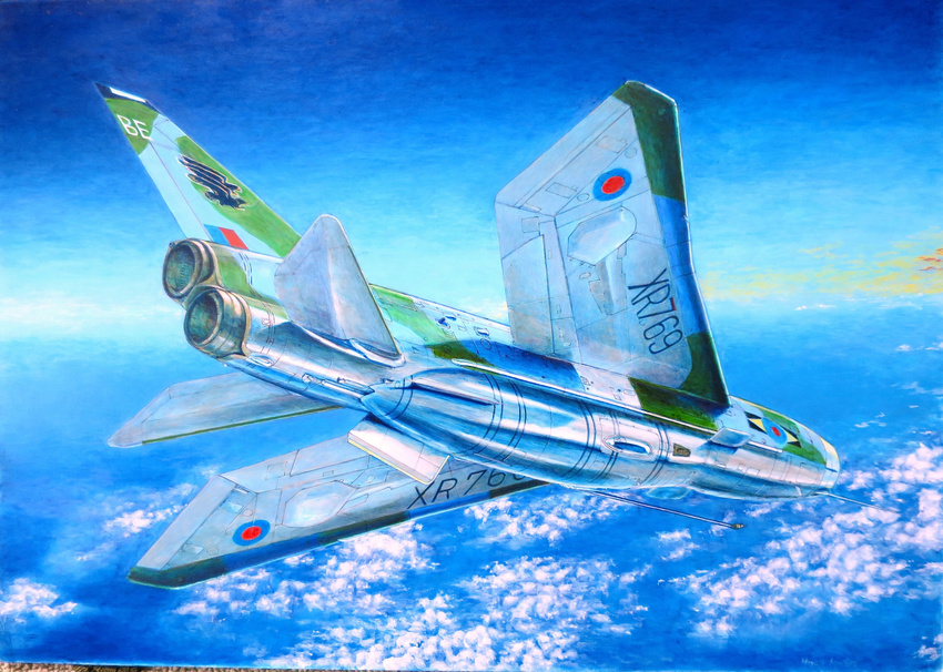 absurdres acrylic_paint_(medium) aircraft airplane bad_id bad_pixiv_id blue_sky calligraphy_brush_(medium) camouflage day english_electric_lightning hayashi_toshihiro highres military no_humans outdoors painting_(medium) roundel sky traditional_media vehicle_focus