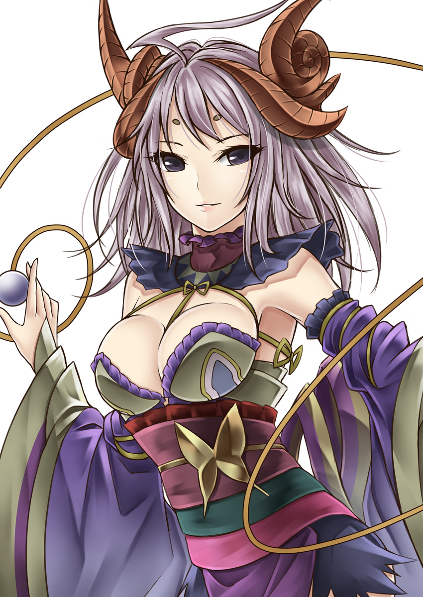 absurdres ahoge between_breasts breasts bug butterfly cleavage commentary_request detached_sleeves dragon_girl dragon_horns eyelashes facial_mark female forehead_mark highres horns japanese_clothes kanna_(p&d) large_breasts long_hair looking_at_viewer meshida_(lux-far-accelerator) obi parted_lips pointy_ears purple_eyes purple_hair puzzle_&_dragons sash simple_background solo white_background wide_sleeves