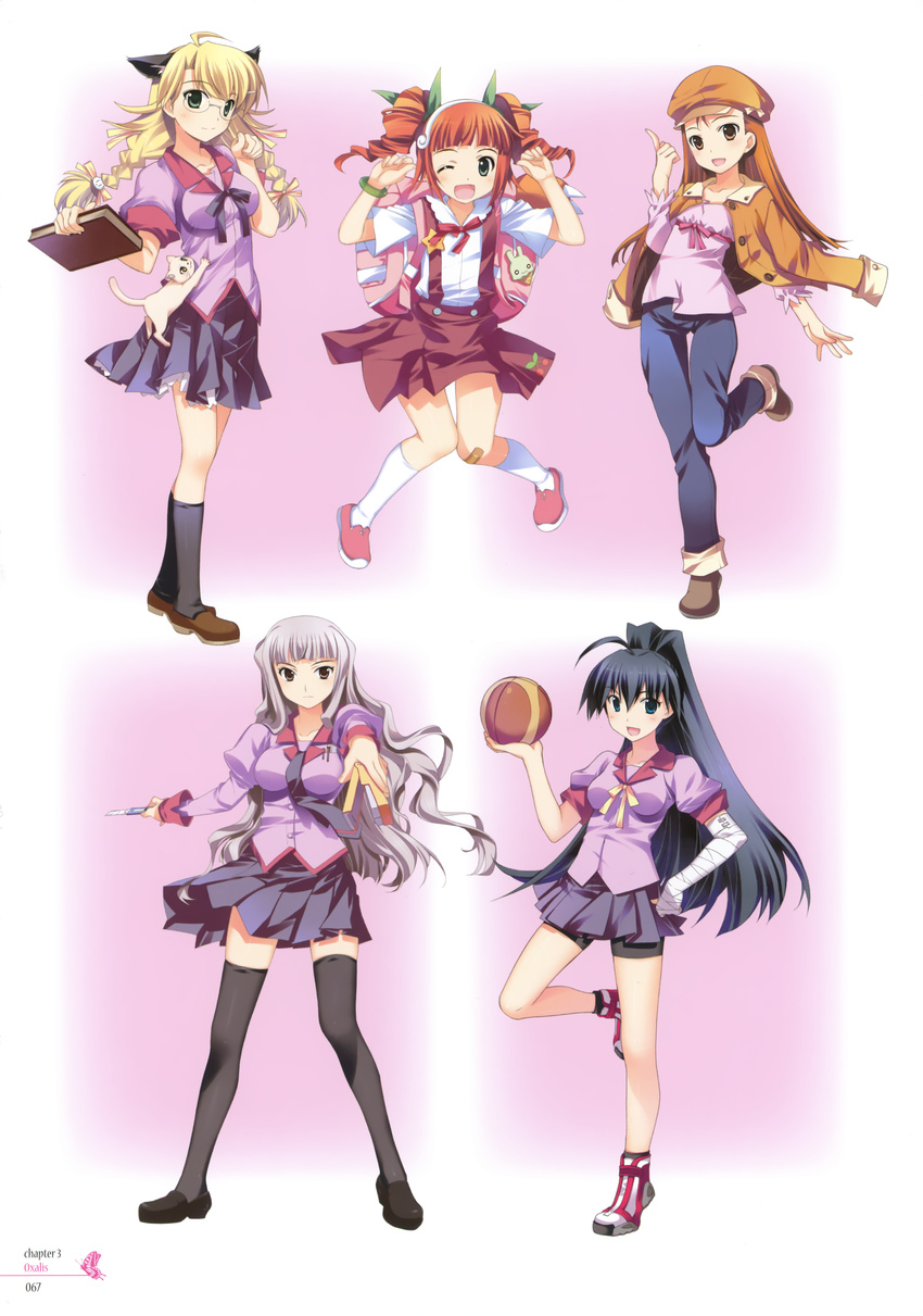 5girls :d ;d absurdres ahoge animal animal_ears backpack bag bakemonogatari ball bandages bandaid bandaid_on_knee bandaid_on_leg basketball basketball_(object) bike_shorts black_hair black_thighhighs blonde_hair blue_eyes blush book bow braid breasts brown_eyes brown_hair cat_ears cosplay denim dress feline fujima_takuya full_body ganaha_hibiki glasses grey_hair hachikuji_mayoi hachikuji_mayoi_(cosplay) hairband hairbow hanekawa_tsubasa hanekawa_tsubasa_(cosplay) hat highres hoshii_miki idolmaster idolmaster_(classic) jeans juliet_sleeves kanbaru_suruga kanbaru_suruga_(cosplay) long_hair long_sleeves medium_breasts minase_iori monogatari_(series) multiple_girls naoetsu_high_school_uniform necktie nekomonogatari one_eye_closed open_mouth orange_hair pants ponytail puffy_sleeves ribbon scan school_uniform sengoku_nadeko sengoku_nadeko_(cosplay) senjougahara_hitagi senjougahara_hitagi_(cosplay) shijou_takane shorts shorts_under_skirt skirt smile socks stapler takatsuki_yayoi thighhighs twin_braids twintails zettai_ryouiki