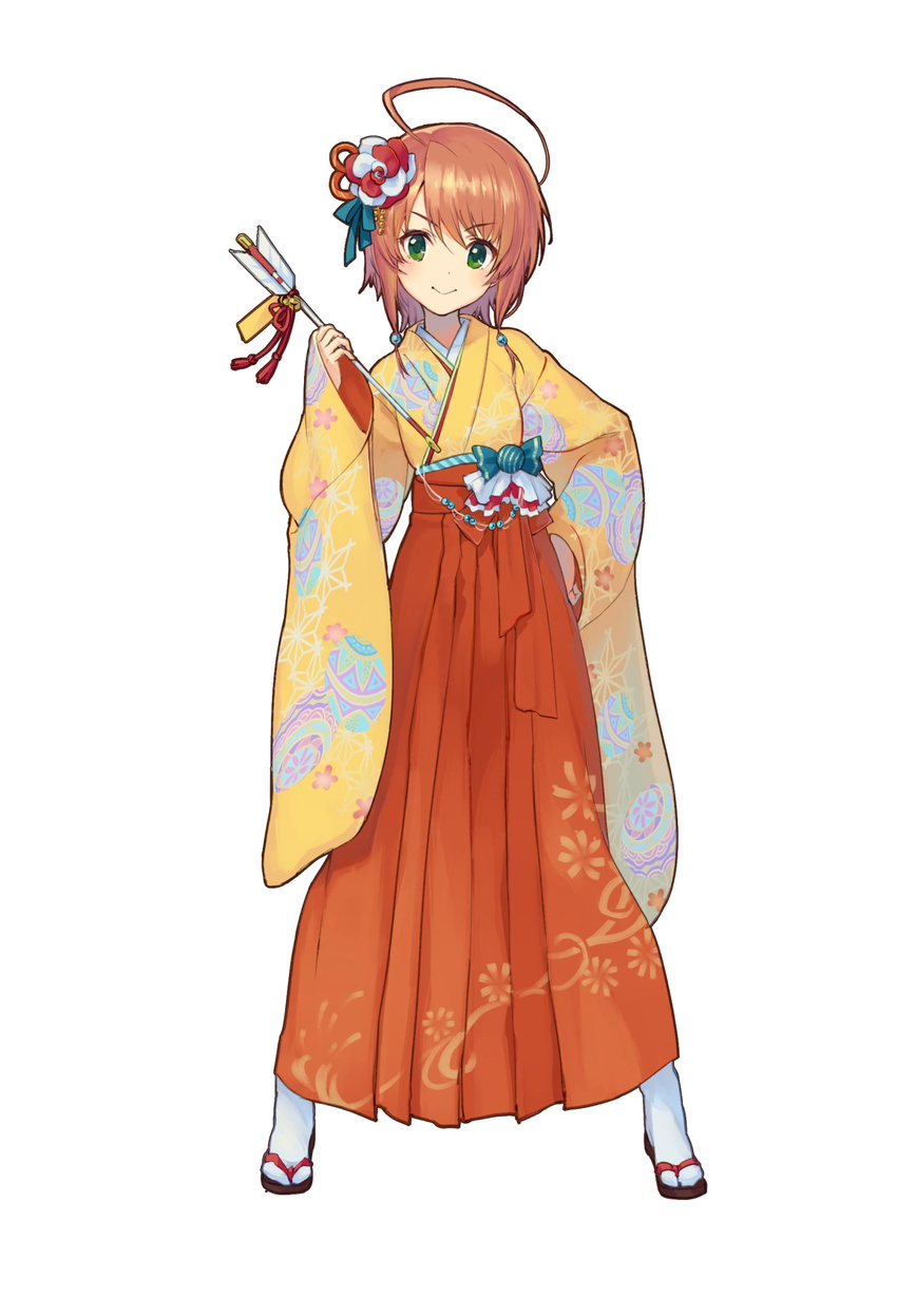 ahoge arrow_(projectile) contrapposto female flower full_body furisode green_eyes hair_flower hair_ornament hakama hakama_skirt highres holding japanese_clothes kimono long_sleeves looking_at_viewer nonoya_nayori sandals short_hair simple_background skirt smile solo source_request standing tabi tantei_opera_milky_holmes toys_drive white_background wide_sleeves yuzurizaki_nero