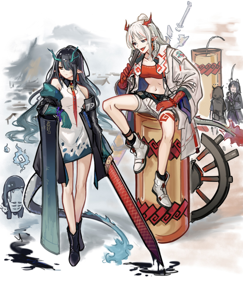 4girls :d absurdres anger_vein animal_ears arknights averting_eyes bare_legs bare_shoulders bitey_(arknights) black_coat black_hair boots coat colored_skin commentary_request crop_top demon_horns dog_ears dress dusk_(arknights) green_skin hair_over_one_eye has_bad_revision has_downscaled_revision highres holding holding_sword holding_weapon hood horns lava_(arknights) lava_the_purgatory_(arknights) left-handed long_hair looking_at_another md5_mismatch midriff multiple_girls navel necktie nian_(arknights) official_alternate_costume official_art open_clothes open_coat open_mouth pointy_ears ponytail purple_eyes red_eyes resolution_mismatch revision saga_(arknights) short_dress shorts siblings sisters sitting smile source_smaller standing stomach strapless sword tail tongue tongue_out tube_top weapon white_dress white_hair zowli