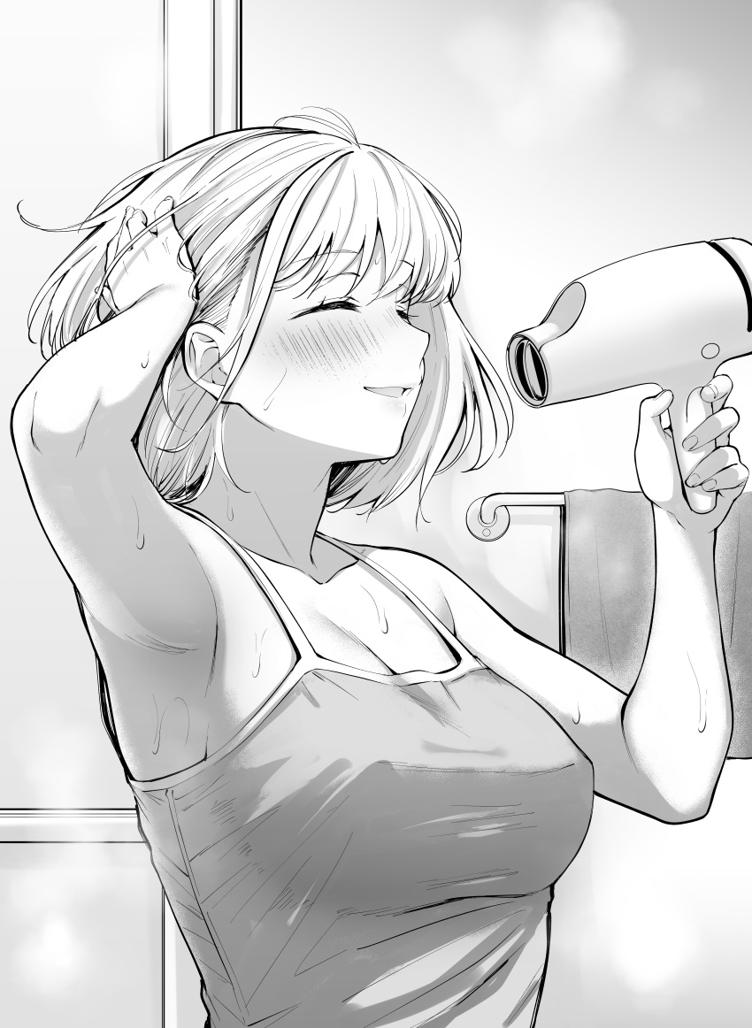 absurdres arm_up armpits blush breasts camisole cleavage closed_eyes commentary_request female greyscale hair_dryer hand_in_own_hair hand_up highres holding holding_hair_dryer kitaku_(nakamachi_machi) large_breasts lycoris_recoil monochrome nishikigi_chisato open_mouth short_hair smile solo upper_body wet