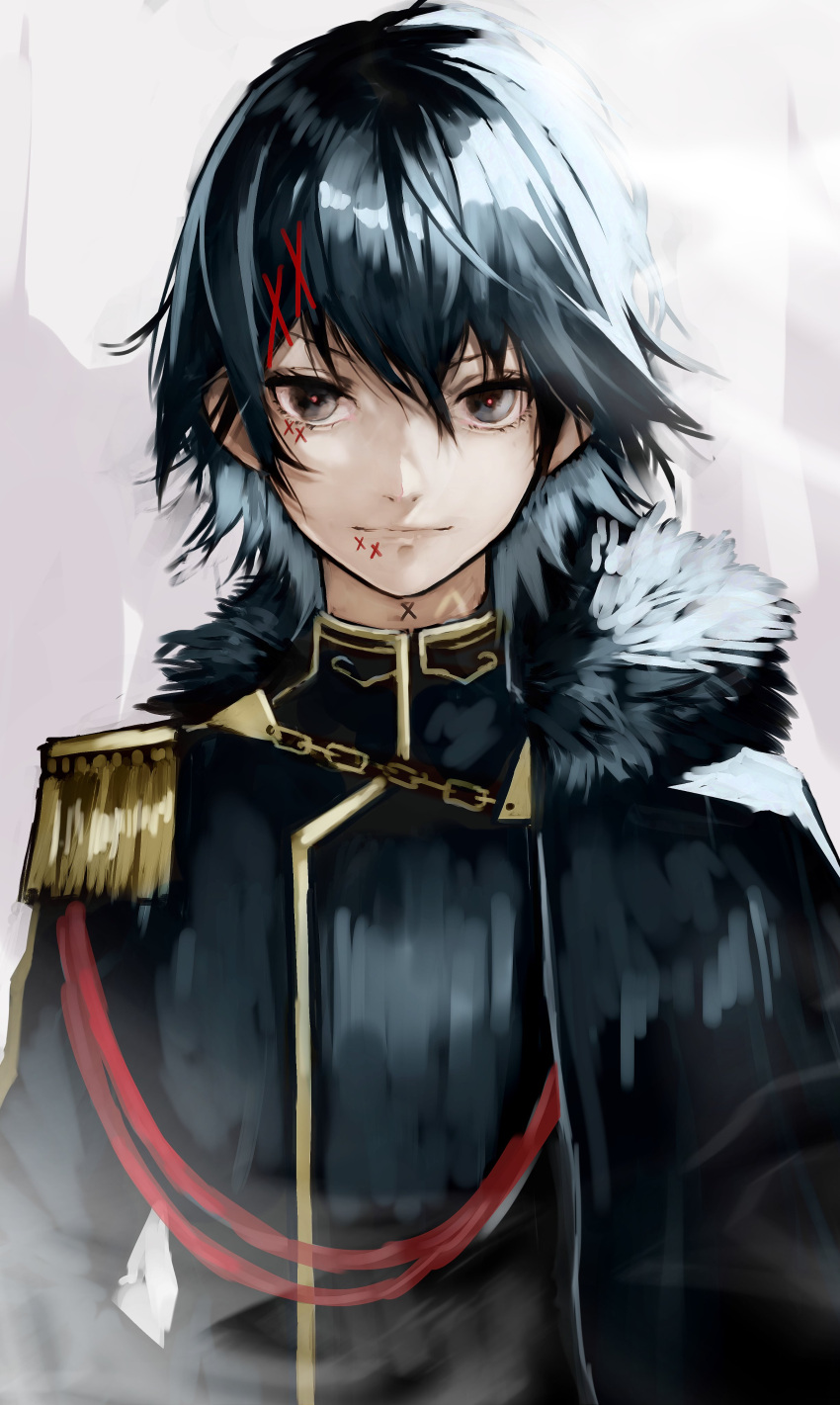 1boy absurdres aiguillette alternate_costume androgynous black_hair chains close-up closed_mouth commentary_request epaulettes fur_collar hair_between_eyes hair_ornament hairclip highres jacket looking_at_viewer male_focus military military_jacket military_uniform short_hair smile solo stitched_face stitches suzuya_juuzou tokyo_ghoul tokyo_ghoul:re uniform x_hair_ornament yoshio_(55level)