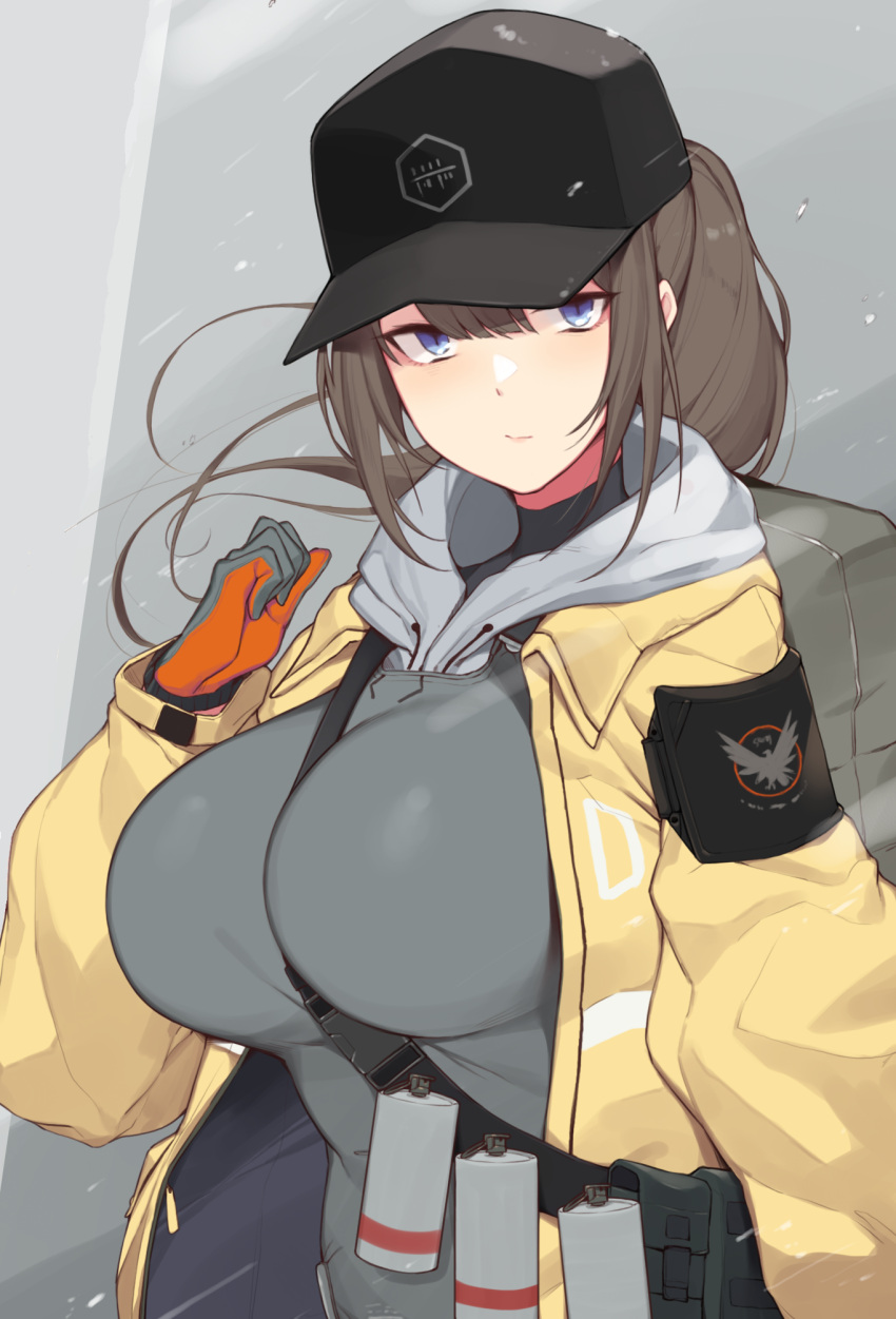 alternate_breast_size baseball_cap between_breasts blue_eyes blunt_bangs breasts brown_hair dima_(girls'_frontline) female girls'_frontline hat highres hood hoodie huge_breasts long_hair ponytail smoke_grenade solo source_request strap_between_breasts yanje