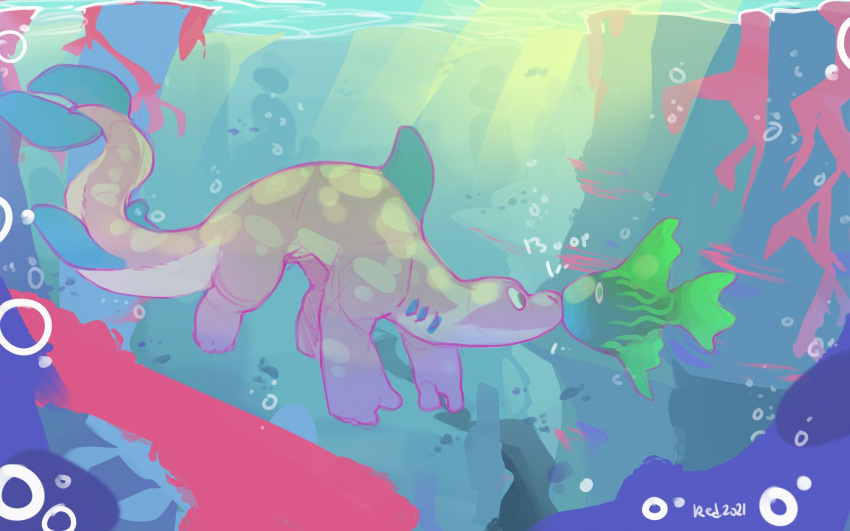 16:10 2021 ambiguous_gender anthro blue_fin blue_gills boop bubble duo fin fish gills green_body green_eyes green_scales hi_res light magu male marine multicolored_body multicolored_scales nose_boop onomatopoeia pink_body pink_scales redishdragie scales signature sound_effects sun_rays sunlight tail tail_fin text thick_tail two_tone_body two_tone_scales underwater water widescreen