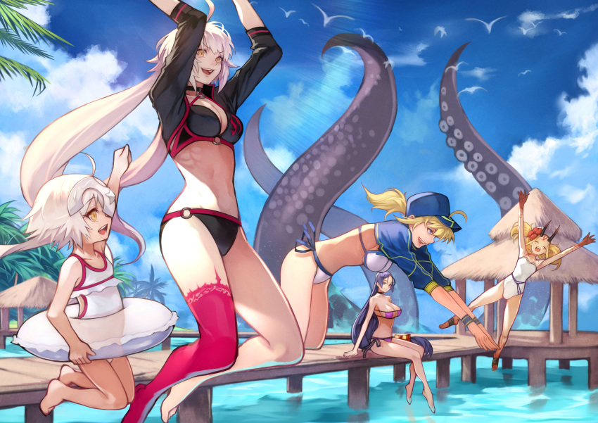 5girls absurdres ahoge alternate_costume artoria_pendragon_(fate) barefoot baseball_cap bikini black_bikini black_choker black_jacket blonde_hair blue_eyes blue_jacket blue_sky breasts casual_one-piece_swimsuit choker cloud commentary_request cropped_jacket day eyepatch_bikini facial_mark fate/grand_order fate_(series) flat_chest forehead_mark hair_through_headwear hat headpiece highres horns ibaraki_douji_(fate) ibaraki_douji_(swimsuit_lancer)_(fate) ibaraki_douji_(swimsuit_lancer)_(second_ascension)_(fate) innertube jacket jeanne_d'arc_alter_(fate) jeanne_d'arc_alter_(swimsuit_berserker)_(fate) jeanne_d'arc_alter_santa_lily_(fate) jumping large_breasts long_hair low-tied_long_hair medium_breasts midair minamoto_no_raikou_(fate) minamoto_no_raikou_(swimsuit_lancer)_(fate) multiple_girls mysterious_heroine_xx_(fate) navel o-ring o-ring_bikini o-ring_bottom o-ring_top ocean one-piece_swimsuit oni oni_horns outdoors palm_tree parted_bangs pier pointy_ears purple_bikini purple_eyes purple_hair red_legwear shrug_(clothing) side-tie_bikini_bottom single_thighhigh sitting sky small_breasts swim_ring swimsuit tentacle thigh_strap thighhighs tree very_long_hair water white_bikini white_hair white_one-piece_swimsuit wristband yellow_eyes yoshio_(55level) zipper_pull_tab