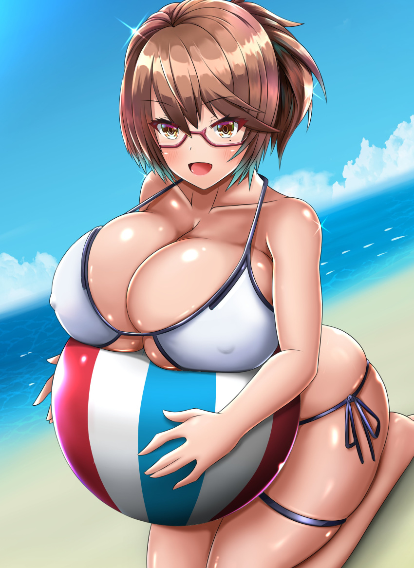 :d absurdres artoria_pendragon_(fate) bad_id bad_twitter_id ball beach beachball bikini blue_sky breasts brown_hair cosplay day fate/grand_order fate_(series) female glasses highres huge_breasts mameneko_(pai) mole mole_under_eye mysterious_heroine_xx_(fate) mysterious_heroine_xx_(fate)_(cosplay) open_mouth orange_eyes original outdoors red-framed_eyewear sand semi-rimless_eyewear sky smile solo swimsuit under-rim_eyewear white_bikini