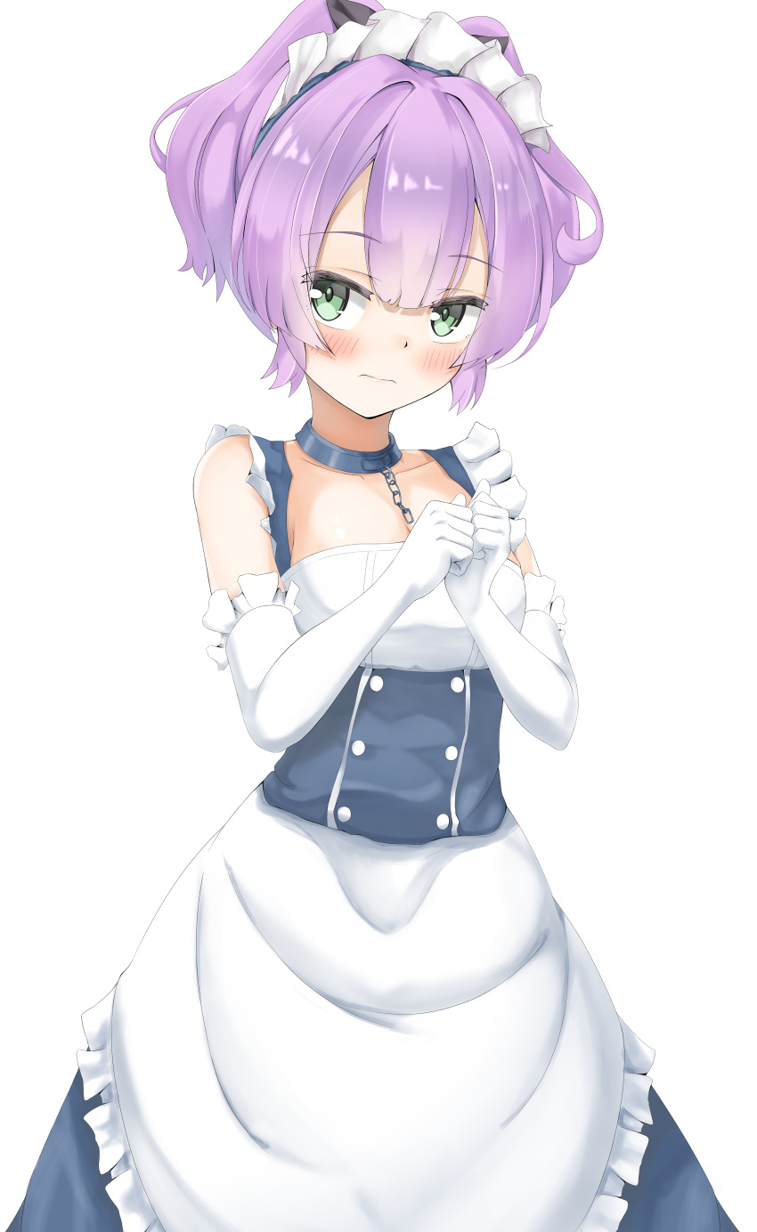 absurdres alternate_costume azur_lane belfast_(azur_lane) belfast_(azur_lane)_(cosplay) chains choker cosplay elbow_gloves enmaided female gloves green_eyes highres javelin_(azur_lane) maid micchamu purple_hair simple_background white_gloves