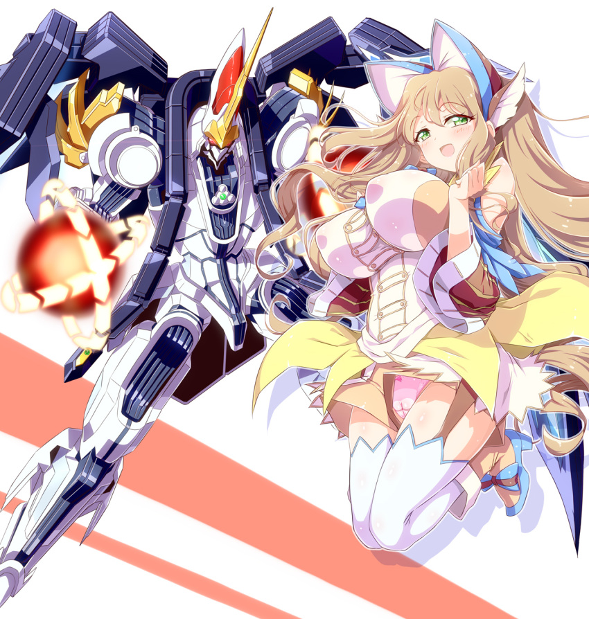 alternate_breast_size amari_aquamarine breasts brown_hair cameltoe cleft_of_venus clenched_hands covered_nipples energy female green_eyes high_heels highres horns large_breasts long_hair looking_at_viewer looking_down mecha mechanical_wings open_hands open_mouth orange_eyes orb panties pantyshot pink_panties robot single_horn super_robot_wars super_robot_wars_x thighhighs underwear wing_hair_ornament wings xelguard yakisoba_(kaz2113)