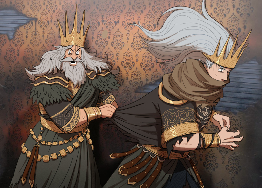 beard cape crown dark_souls_(series) dark_souls_i dark_souls_iii essor0706 facial_hair father_and_son fleeing gold_trim grabbing grey_hair gwyn_lord_of_cinder jewelry nameless_king