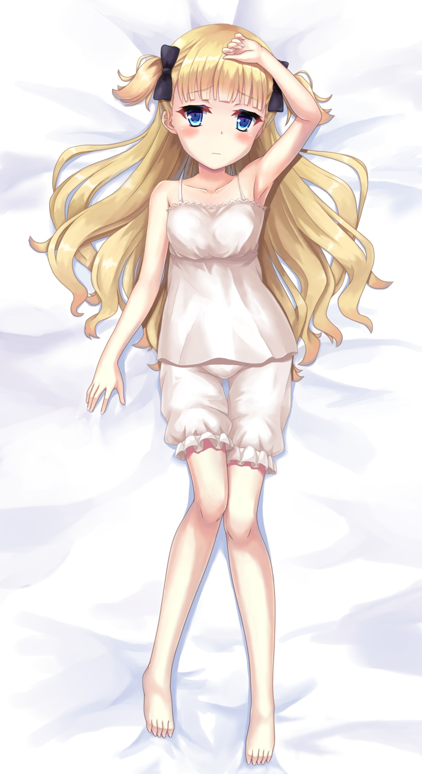 arm_above_head barefoot bed_sheet black_bow blonde_hair bloomers blue_eyes blush bow chemise emilico_(shadows_house) feet female hairbow highres kuroniwa legs long_hair looking_at_viewer lying nightgown on_back shadows_house solo underwear white_bloomers white_nightgown