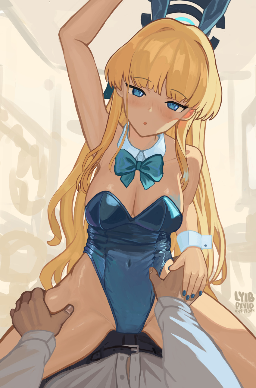 1boy :o absurdres animal_ears blonde_hair blue_archive blue_bow blue_eyes blue_halo blue_leotard blue_ribbon blunt_bangs bow breasts fake_animal_ears female hairbow halo highres leotard long_hair looking_at_viewer lyib non-web_source playboy_bunny pov ribbon self-upload simple_background straddling strapless strapless_leotard toki_(blue_archive) toki_(bunny)_(blue_archive) wrist_cuffs