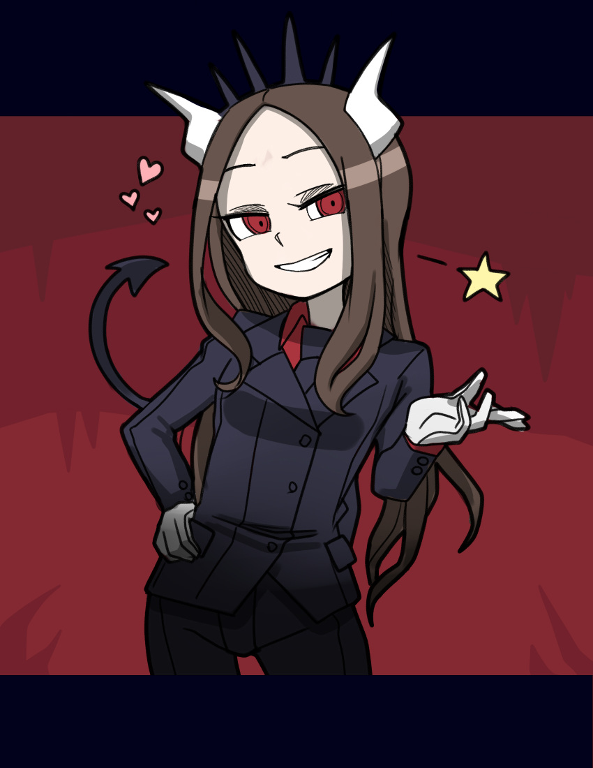 black_jacket black_necktie black_pants black_suit brown_hair buttoned_cuffs buttons collared_shirt commentary cosplay cowboy_shot demon_girl demon_horns demon_tail dress_shirt female forehead formal gloves grin hand_on_own_hip hand_up heart helltaker highres horns jacket karakai_jouzu_no_takagi-san lapels letterboxed long_hair long_sleeves lucifer_(helltaker) lucifer_(helltaker)_(cosplay) necktie notched_lapels note2000 pant_suit pants parted_bangs pocket red_background red_eyes red_shirt shirt smile solo star_(symbol) suit suit_jacket tail takagi-san vanripper_(style) very_long_hair white_gloves white_horns