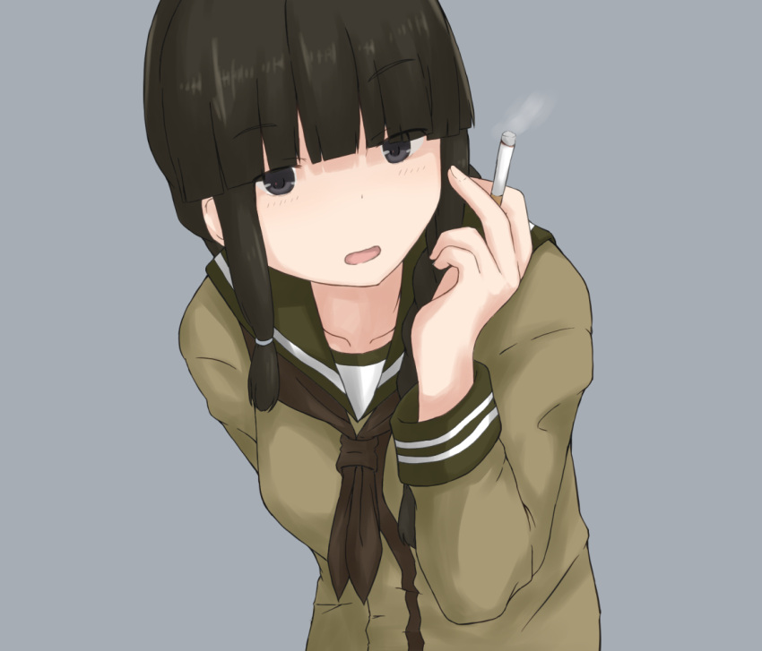 black_hair blunt_bangs braid breasts chagamaka cigarette female grey_eyes kantai_collection kitakami_(kancolle) leaning_forward looking_at_viewer medium_breasts sailor_collar school_uniform serafuku sidelocks smoking solo