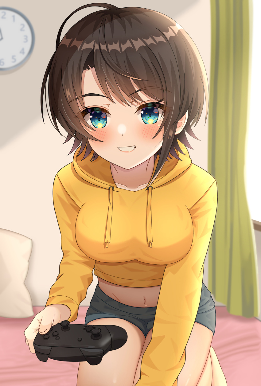 absurdres alternate_costume bed blue_eyes blush breasts brown_hair clock collarbone controller crop_top cropped_hoodie curtains female game_controller grin highres hisui_(user_zvkr2432) holding holding_controller holding_game_controller hololive hood hoodie indoors looking_at_viewer medium_breasts midriff navel on_bed oozora_subaru pillow short_hair short_shorts shorts sitting smile solo swept_bangs virtual_youtuber yellow_hoodie