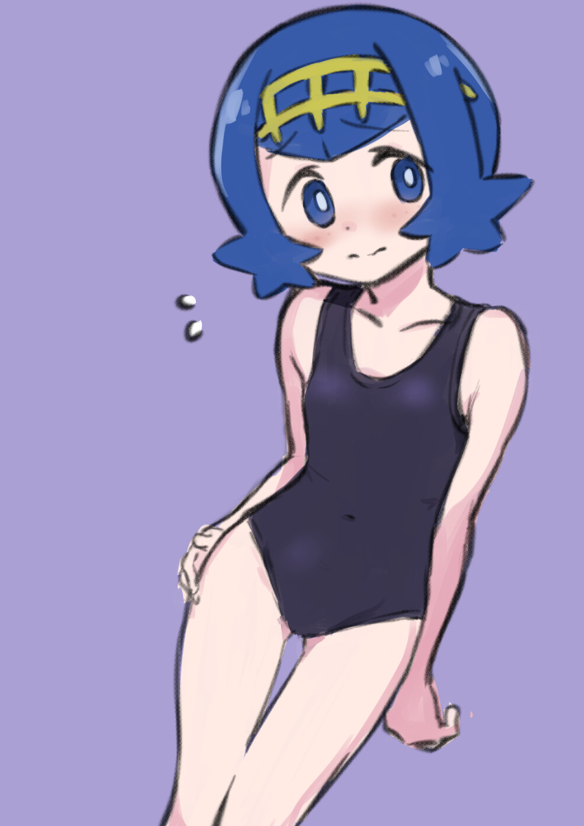 absurdres bare_arms black_one-piece_swimsuit blue_eyes blue_hair blush bright_pupils closed_mouth collarbone commentary covered_navel female flying_sweatdrops hairband hand_on_own_hip head_tilt highres lana_(pokemon) looking_to_the_side nervous new_school_swimsuit no_sclera one-piece_swimsuit pokemon pokemon_sm purple_background raised_eyebrows school_swimsuit short_hair simple_background solo split_mouth swimsuit tankobukids yellow_hairband