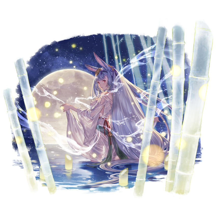 animal_ears bamboo female full_moon granblue_fantasy hair_ornament japanese_clothes kaguya_(granblue_fantasy) long_hair minaba_hideo moon official_art rabbit_ears red_eyes sky star_(sky) starry_sky third-party_source transparent_background wading water wet wet_clothes white_hair