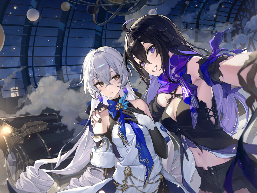 2girls absurdres ahoge astral_express_(honkai:_star_rail) bare_shoulders black_hair black_nails black_shorts blue_eyes blue_scarf breasts bronya_rand brown_eyes cleavage closed_mouth commentary_request drill_hair earrings grey_hair hand_on_another's_shoulder hand_on_own_chest highres honkai:_star_rail honkai_(series) indoors jewelry large_breasts long_hair looking_at_another looking_at_viewer medium_breasts midriff multiple_girls nail_polish navel night night_sky open_fly parted_lips scarf seele_(honkai:_star_rail) selfie short_shorts shorts sky smile smoke standing taking_picture train train_station ttosom unbuttoned upper_body