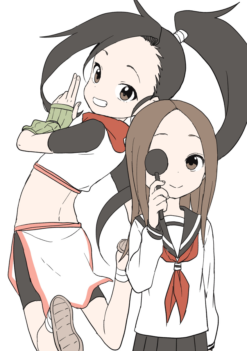 2girls absurdres black_hair black_sailor_collar black_shorts black_skirt brown_eyes brown_hair closed_mouth commentary_request creator_connection crossover forehead grin highres holding karakai_jouzu_no_takagi-san kuji-in kunoichi_tsubaki_no_mune_no_uchi long_hair looking_at_viewer looking_back multiple_girls neckerchief occluder official_art parted_bangs pleated_skirt ponytail red_neckerchief sailor_collar school_uniform serafuku short_shorts shorts simple_background skirt smile takagi-san tsubaki_(kunoichi_tsubaki_no_mune_no_uchi) very_long_hair white_background yamamoto_souichirou