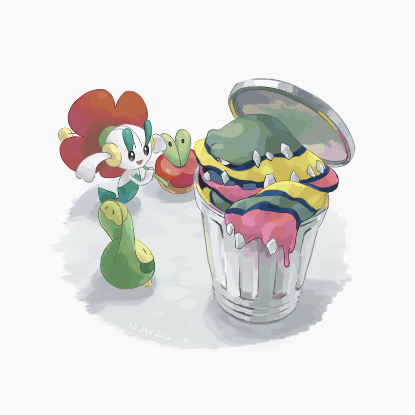 alolan_muk applin black_eyes budew commentary dated floette floette_(red_flower) flower highres holding holding_flower mokuzou_(moku_ssbu) no_humans pokemon pokemon_(creature) red_flower signature trash_can white_background