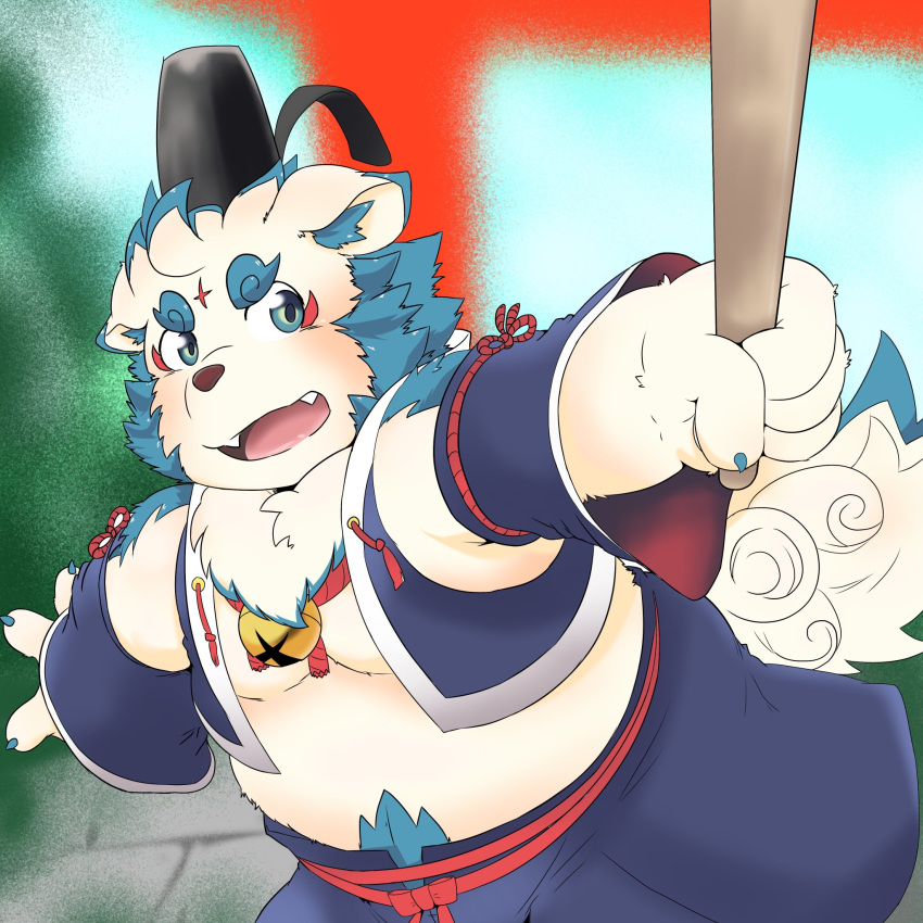 1:1 2020 agyo_(tas) anthro asian_mythology belly blush clothed clothing cute_fangs east_asian_mythology foo_dog fur hat headgear headwear hi_res humanoid_hands japanese_mythology kemono komainu lifewonders male mammal mythology pute_819 slightly_chubby solo tokyo_afterschool_summoners white_body white_fur yokai