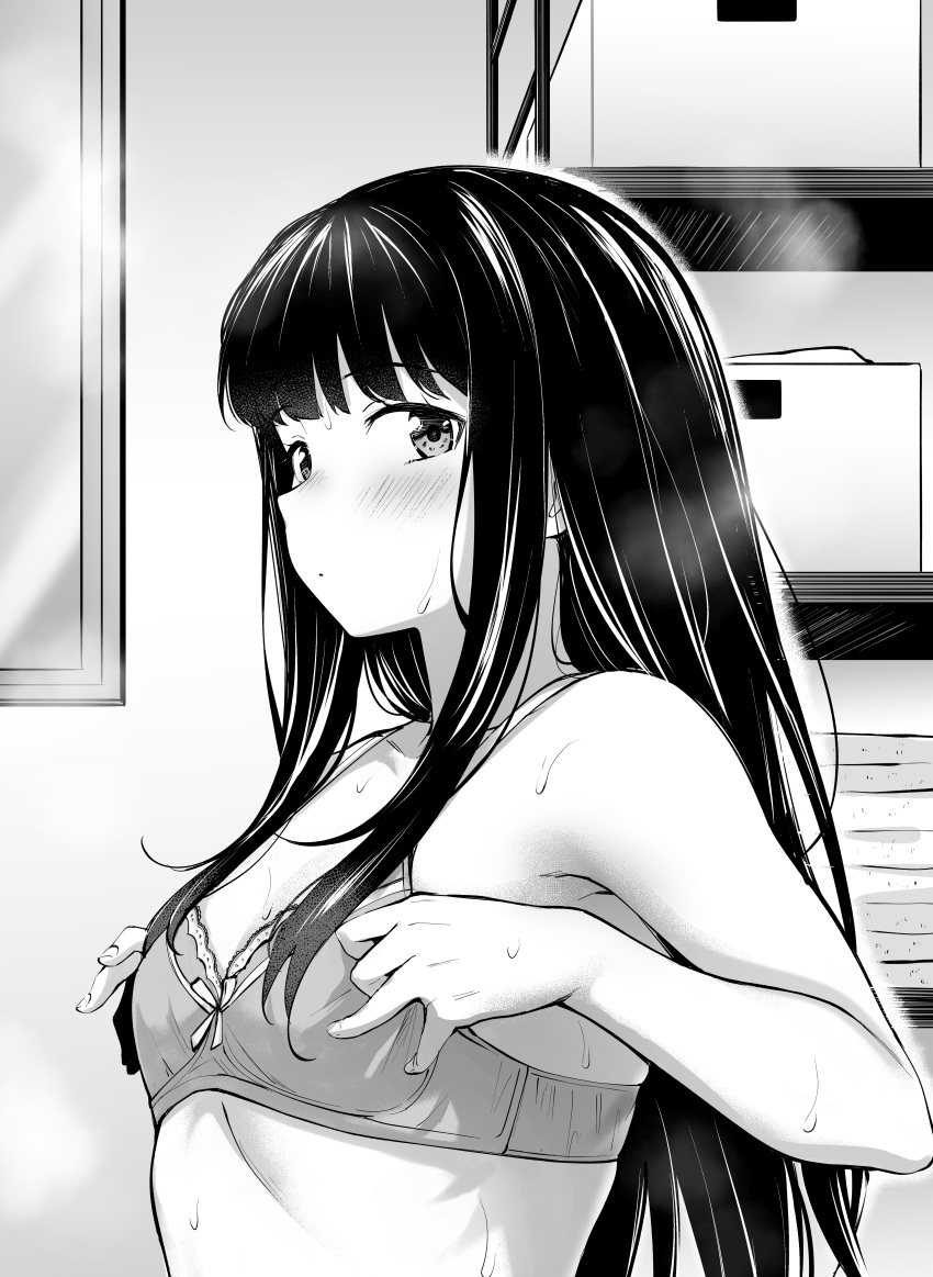 absurdres bra breasts closed_mouth commentary_request female greyscale highres inoue_takina kitaku_(nakamachi_machi) long_hair looking_at_viewer lycoris_recoil monochrome small_breasts solo underwear upper_body wet