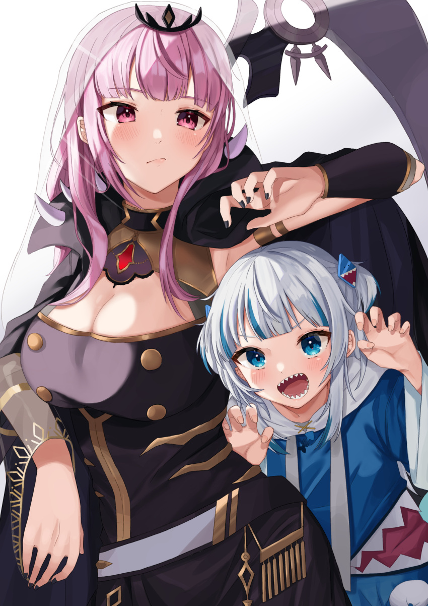 2girls armpits bad_id bad_pixiv_id black_nails blue_eyes blue_hair blue_jacket blush breasts claw_pose cleavage cleavage_cutout closed_mouth clothing_cutout commentary fingernails gawr_gura gawr_gura_(1st_costume) grey_hair hair_ornament highres holding holding_scythe hololive hololive_english jacket large_breasts long_hair looking_at_viewer moonbell mori_calliope mori_calliope_(1st_costume) multicolored_hair multiple_girls nail_polish open_mouth pink_eyes pink_hair scythe sharp_teeth simple_background smile teeth two-tone_hair veil virtual_youtuber white_background