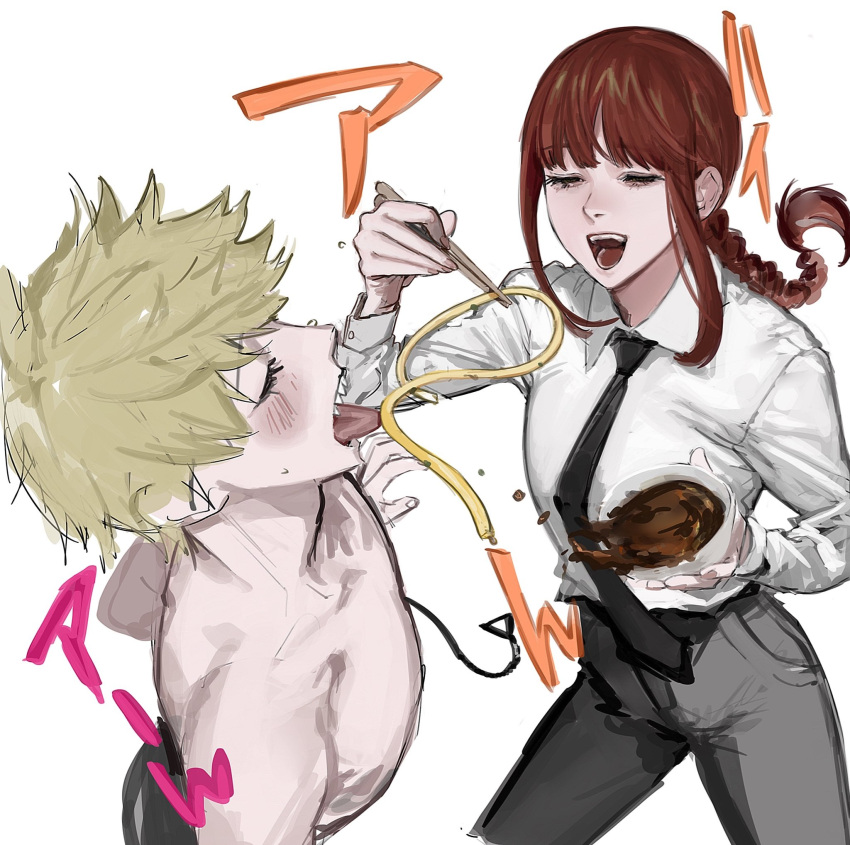 1boy black_necktie black_pants blonde_hair blush bowl braid braided_ponytail chainsaw_man chopsticks closed_eyes collared_shirt denji_(chainsaw_man) feeding female food highres holding holding_chopsticks kamo_(kamonegioisi) long_sleeves makima_(chainsaw_man) necktie noodles open_mouth pants pull_cord red_hair sharp_teeth shirt simple_background single_braid soup teeth tongue tongue_out topless_male white_background white_shirt