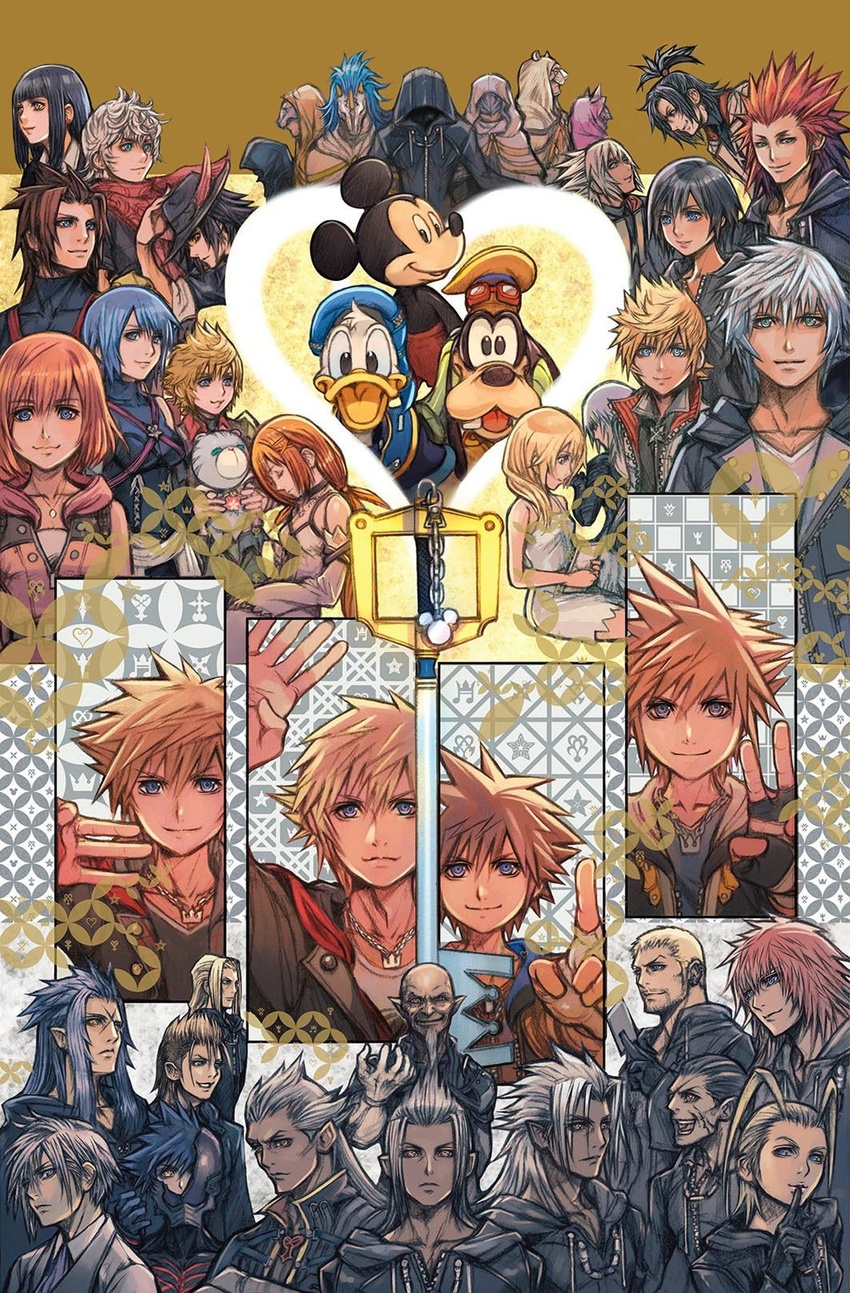 6+boys 6+girls aced_(kingdom_hearts) age_progression anniversary ansem_seeker_of_darkness aqua_(kingdom_hearts) ava_(kingdom_hearts) axel_(kingdom_hearts) brain_(kingdom_hearts) broken_mask chirithy demyx disney donald_duck ephemer_(kingdom_hearts) eraqus everyone evil_smile fingerless_gloves gloves goofy gula_(kingdom_hearts) highres hood ienzo invi_(kingdom_hearts) ira_(kingdom_hearts) jewelry kairi_(kingdom_hearts) keyblade kingdom_hearts kingdom_hearts_358/2_days kingdom_hearts_birth_by_sleep kingdom_hearts_dark_road kingdom_hearts_i kingdom_hearts_ii kingdom_hearts_iii kingdom_hearts_iv kingdom_hearts_x kingdom_hearts_x_back_cover kingdom_key larxene looking_at_viewer luxord luxu_(kingdom_hearts) marluxia mask master_of_masters master_xehanort mickey_mouse multiple_boys multiple_girls multiple_persona namine necklace nomura_tetsuya official_art organization_xiii riku_(kingdom_hearts) riku_replica roxas saix skuld_(kingdom_hearts) smile sora_(kingdom_hearts) spiked_hair strelitzia_(kingdom_hearts) terra_(kingdom_hearts) third-party_source vanitas_(kingdom_hearts) ventus_(kingdom_hearts) vexen xehanort xemnas xigbar xion_(kingdom_hearts)