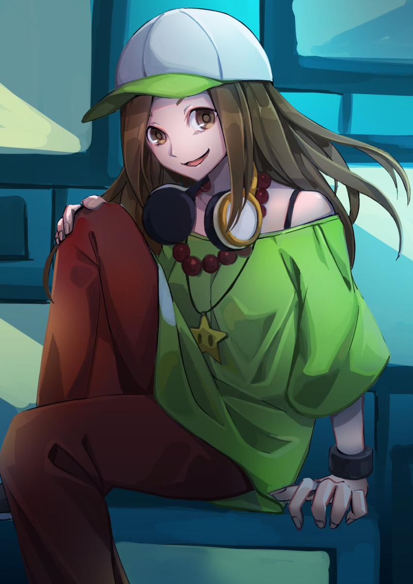 arm_support baseball_cap beads bra_strap brown_eyes brown_hair brown_pants commentary female gaen_izuko green_hat green_shirt hand_on_knees hat headphones headphones_around_neck highres jewelry knee_up long_hair looking_at_viewer monogatari_(series) myuga66666 necklace off-shoulder_shirt off_shoulder open_mouth pants prayer_beads shirt sitting smile solo star_(symbol) white_hat wristband