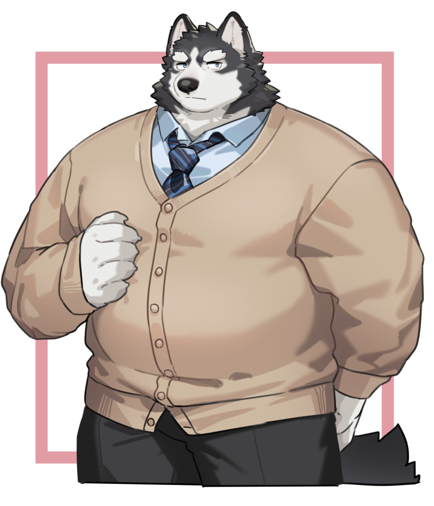 2023 anthro black_nose bottomwear canid canine canis clothing domestic_dog fuguri hi_res kemono male mammal necktie overweight overweight_male pants shirt simple_background solo topwear