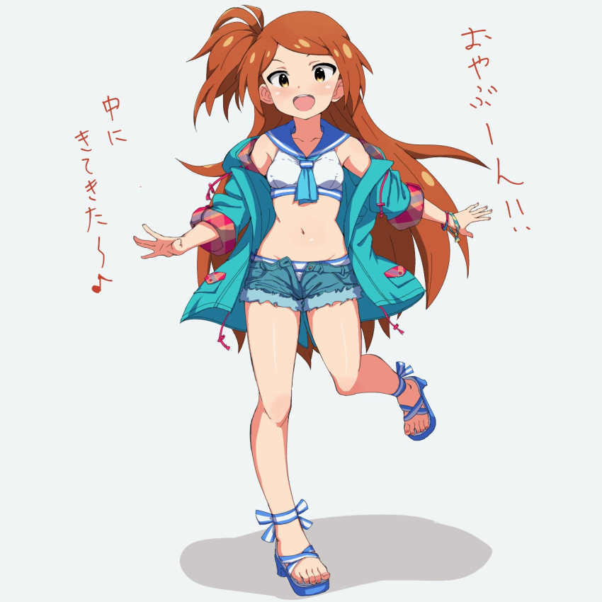 bare_shoulders bikini blue_footwear blue_neckerchief blue_sailor_collar blush breasts brown_eyes brown_hair collarbone dot_nose female full_body green_jacket green_shorts grey_background hands_up highres idolmaster idolmaster_million_live! idolmaster_million_live!_theater_days jacket leg_up legs long_hair long_sleeves looking_at_viewer midriff multiple_bracelets navel neckerchief nejime_(nejimeinu) off_shoulder ogami_tamaki one_side_up open_clothes open_hands open_jacket open_mouth sailor_bikini sailor_collar sailor_swimsuit_(idolmaster) sandals shadow shorts simple_background small_breasts smile solo standing standing_on_one_leg strappy_heels swimsuit teeth toenails toes unbuttoned upper_teeth_only white_bikini