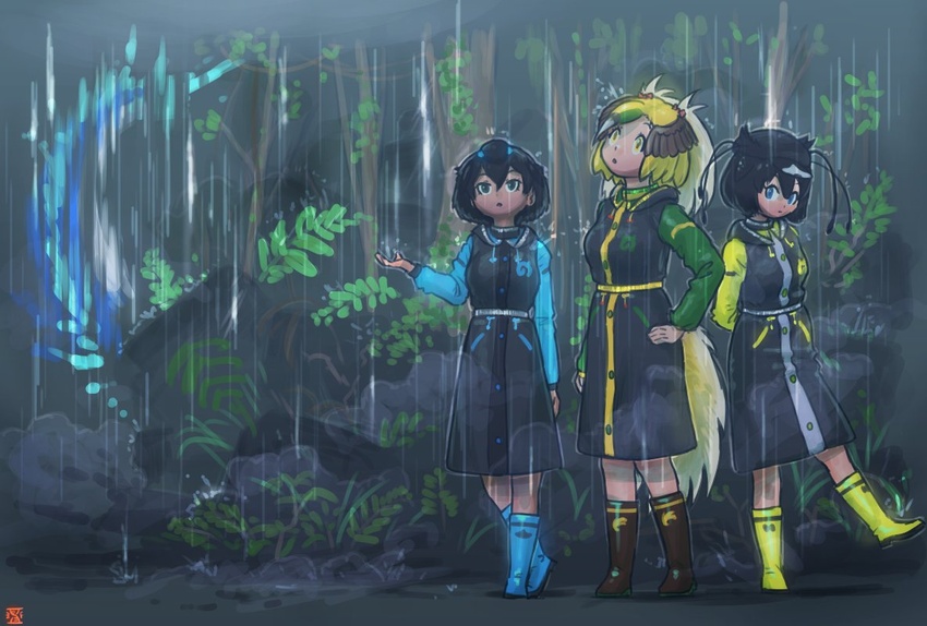 3girls adapted_costume black_coat black_hair blonde_hair blue_footwear blue_hair blue_sleeves boots bow brown_footwear brown_hair coat commentary_request drawstring greater_bird-of-paradise_(kemono_friends) green_hair green_sleeves hairbow height_difference hood hood_down imnim_leef japari_symbol kemono_friends matching_outfits multicolored_coat multicolored_hair multiple_girls rain raincoat rubber_boots short_hair superb_bird-of-paradise_(kemono_friends) two-tone_coat two-tone_hair western_parotia_(kemono_friends) yellow_footwear yellow_sleeves