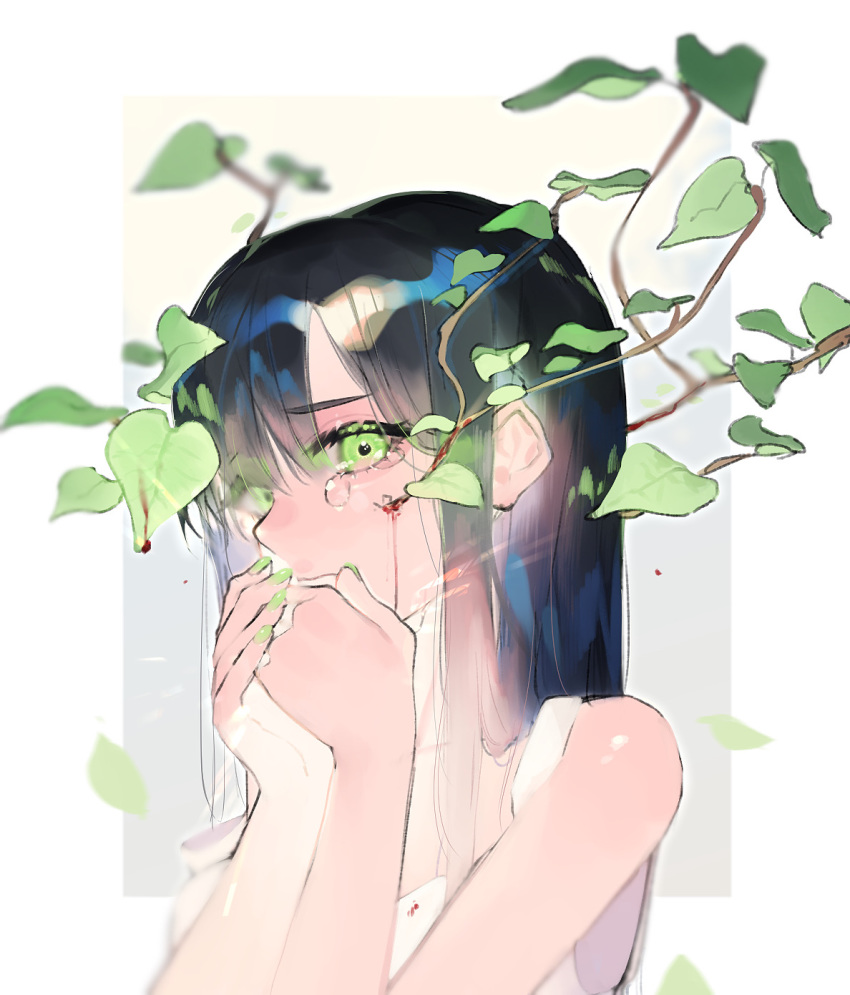 bad_id bad_pixiv_id bare_shoulders black_hair blood blurry closed_mouth commentary_request covering_own_mouth crying crying_with_eyes_open depth_of_field dripping eyelashes female from_side glowing green_eyes green_nails hair_flowing_over hand_over_own_mouth highres injury leaf long_hair looking_at_viewer mizumi_zumi monster_girl nail_polish original overgrown own_hands_together plant plant_girl sad sleeveless solo tears upper_body vines white_background