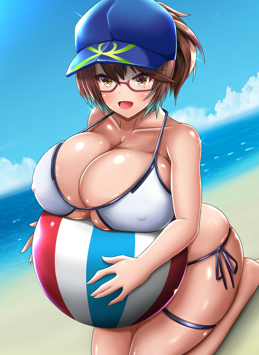 :d absurdres artoria_pendragon_(fate) bad_id bad_twitter_id ball baseball_cap beach beachball bikini blue_sky breasts brown_hair cosplay day fate/grand_order fate_(series) female glasses hat highres huge_breasts mameneko_(pai) mole mole_under_eye mysterious_heroine_xx_(fate) mysterious_heroine_xx_(fate)_(cosplay) open_mouth orange_eyes original outdoors red-framed_eyewear sand semi-rimless_eyewear sky smile solo swimsuit under-rim_eyewear white_bikini