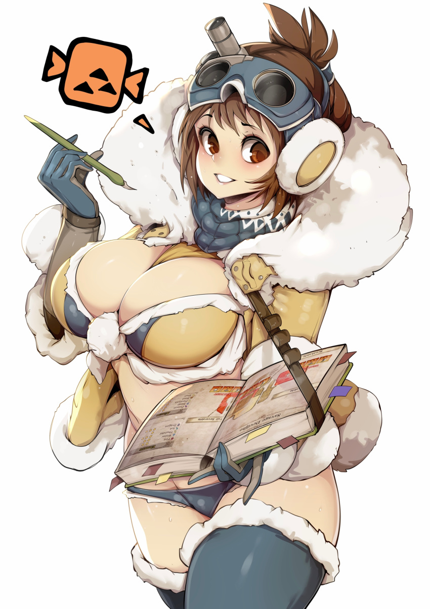 absurdres blue_thighhighs book bookmark breasts brown_hair cleavage commentary female fur-trimmed_legwear fur_trim gloves goggles grin handler_(monster_hunter_world) highres icon_(computing) large_breasts looking_at_viewer md5_mismatch micro_shorts midriff monster_hunter:_world monster_hunter_(series) pen red_eyes short_hair shorts simple_background slugbox smile solo sweat thighhighs thighs white_background