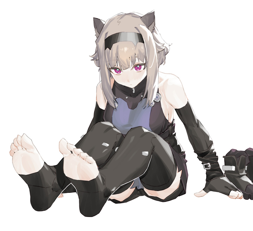 absurdres animal_ears armpits arms_at_sides bare_shoulders bike_shorts black_hairband boots breasts capybara_ears capybara_girl commission detached_sleeves feet female fingerless_gloves foot_focus gloves hairband highres leaning_forward legs light_brown_hair medium_hair no_shoes original pale_skin pixiv_commission purple_eyes renxzd sideboob sitting soles thighhighs toeless_legwear toenails toes unworn_boots unworn_socks