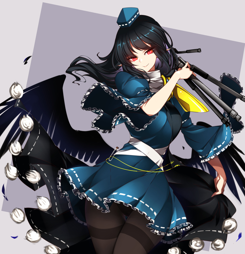 absurdres black_panties black_pantyhose blue_dress blue_hair coat dress female frilled_dress frills gem geta hat highres holding holding_tripod iizunamaru_megumu long_hair panties pantyhose pantyshot pointy_ears pom_pom_(clothes) raptor7 red_eyes ribbon_trim shoulder_guard sleeveless sleeveless_coat solo tengu-geta thighband_pantyhose tokin_hat touhou tripod underwear