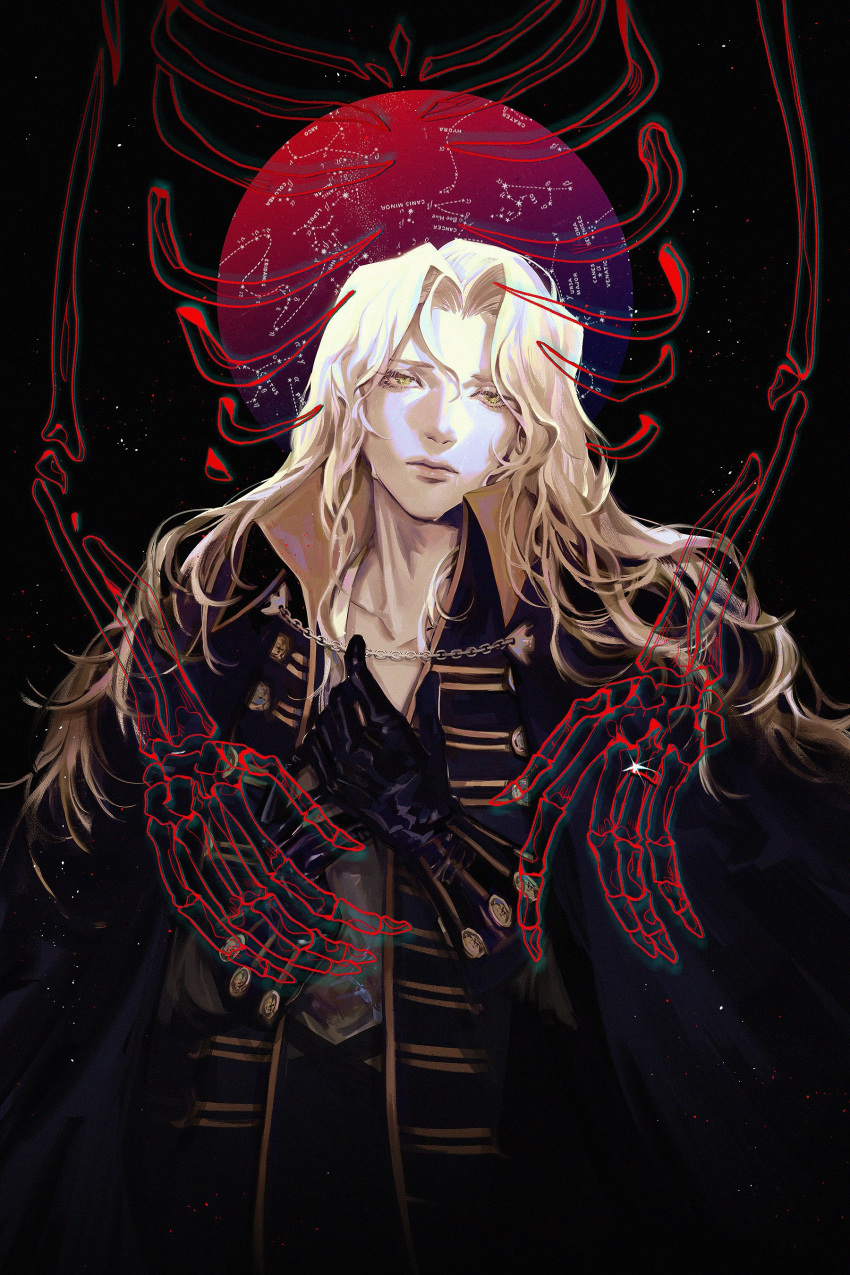 1boy absurdres alucard_(castlevania) bishounen black_gloves blonde_hair canis_major_(constellation) castlevania_(netflix) castlevania_(series) cetus_(constellation) constellation constellation_print gloves hand_on_own_chest high_collar highres leo_(constellation) lepus_(constellation) long_hair looking_at_viewer male_focus ngop orion_(constellation) popped_collar skeleton solo star_map tears ursa_major_(constellation) vampire white_hair yellow_eyes