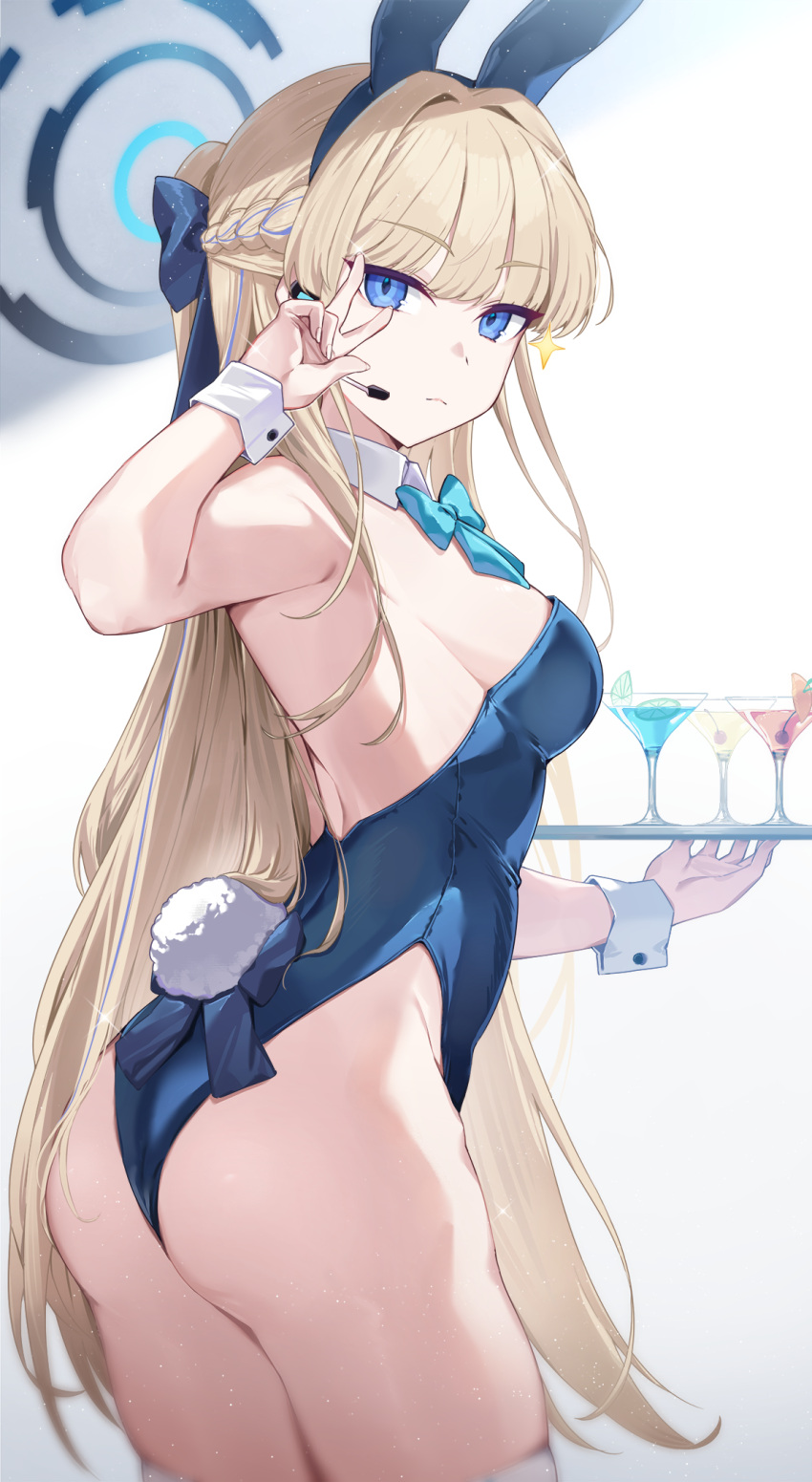 animal_ears aqua_bow aqua_bowtie ass bare_shoulders blonde_hair blue_archive blue_bow blue_bowtie blue_eyes blue_halo blue_leotard blurry bow bowtie breasts cup depth_of_field detached_collar drinking_glass earpiece fake_animal_ears fake_tail female foreshortening halo highleg highleg_leotard highres holding holding_tray leotard long_hair looking_at_viewer neshia_(tsaqif0309) official_alternate_costume playboy_bunny rabbit_ears rabbit_tail sideboob solo strapless strapless_leotard tail thighhighs thighs toki_(blue_archive) toki_(bunny)_(blue_archive) tray v white_thighhighs white_wrist_cuffs wrist_cuffs