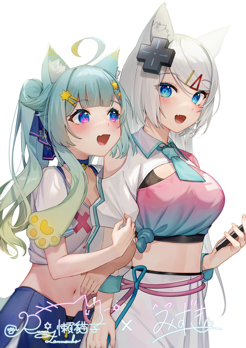 2girls :d absurdres ahoge animal_ear_fluff animal_ears blue_choker blue_eyes blue_hair blue_skirt blunt_bangs blush breasts cat_ears choker collared_shirt crop_top gradient_hair hair_ornament hairclip highres holding holding_another's_arm holding_phone illian-san lanmewko large_breasts long_hair meridian_project midriff mizuki_(vtuber) multicolored_hair multiple_girls navel necktie oerba_yun_fang open_mouth original phone pink_shirt purple_eyes see-through shirt side-tie_shirt signature simple_background skin_fang skirt small_breasts smile star_(symbol) star_hair_ornament stomach swept_bangs virtual_youtuber white_background white_hair