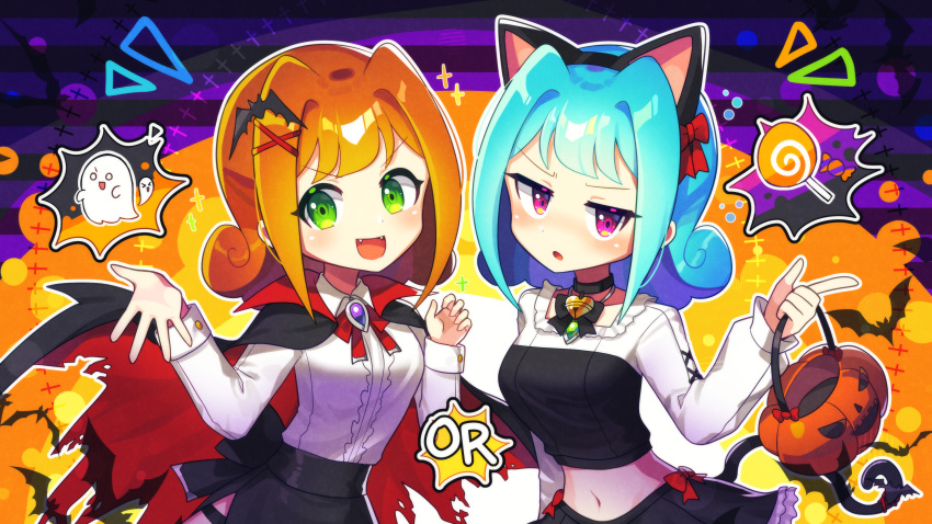 2girls :d absurdres ally_(puyopuyo) animal_ears aqua_hair bat_hair_ornament black_skirt breasts brooch candy cape commission fake_animal_ears fangs food frilled_skirt frills ghost green_eyes hair_intakes hair_ornament halloween halloween_bucket halloween_costume highres jewelry lollipop long_sleeves looking_at_viewer medium_breasts midriff miniskirt multiple_girls navel offbeat orange_hair pink_eyes pixiv_commission puyopuyo puyopuyo_chronicle rafisol_(puyopuyo) shirt skirt smile vampire_costume white_shirt x_hair_ornament