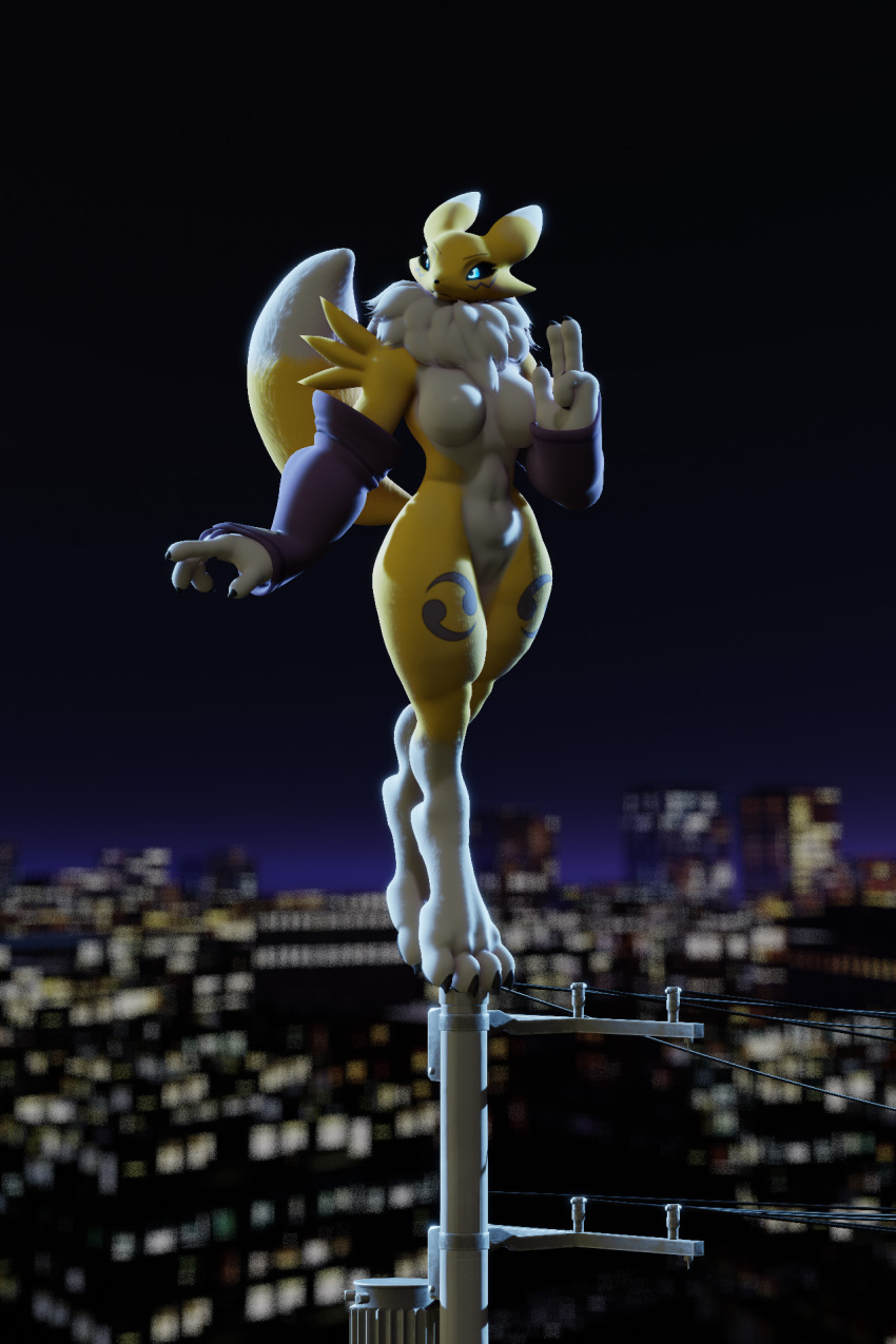 2:3 3d_(artwork) action_pose anthro balancing bandai_namco barely_visible_genitalia barely_visible_pussy big_breasts black_sclera blender_(artwork) blue_eyes breasts canid canine chest_tuft city city_background cityscape claws clothed clothing digimon digimon_(species) digital_media_(artwork) digitigrade ears_back featureless_breasts feet female fever-dreamer fur genitals glowing glowing_eyes hi_res high_place mammal mostly_nude multicolored_body multicolored_fur night paws pivoted_ears pose pussy renamon renamon_(dogzeela) solo toes tuft white_body white_fur yellow_body yellow_fur