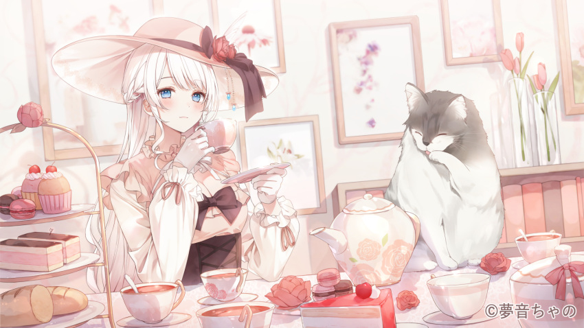 a20_(atsumaru) black_corset blue_eyes blush bookshelf braid bread breasts cake cake_slice cleavage cleavage_cutout closed_mouth clothing_cutout commentary_request corset cup cupcake feline female flower food french_braid gloves hat hat_flower hat_ornament holding holding_cup holding_saucer indie_virtual_youtuber indoors large_hat long_hair long_sleeves looking_at_viewer macaron official_art photo_(object) pink_flower pink_hat pink_headwear pink_shirt saucer shirt sitting solo sun_hat table tea teacup teapot tiered_tray tulip two-tone_shirt upper_body virtual_youtuber white_gloves white_hair white_shirt yumeoto_chano